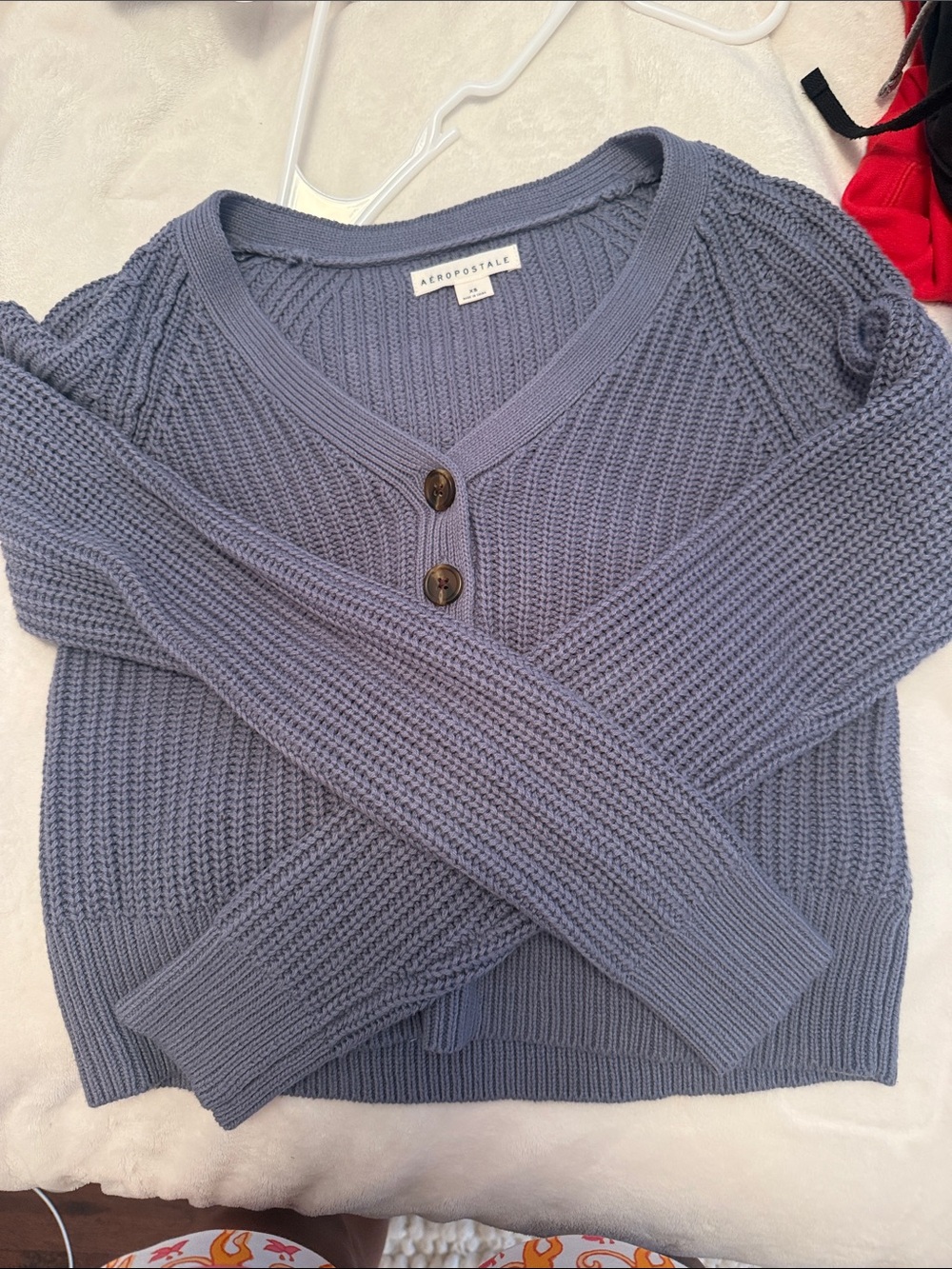 Aeropostale Women's Slate Blue V-Neck Button Knit Sweater